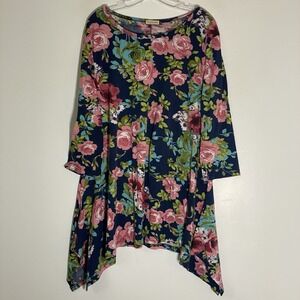 Nuggles Top Women XXXL Blue Pink Floral Modest Stretch Casual 3/4 Sharkbite Hem